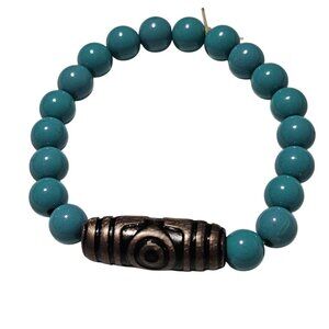 Retro Southwest Blue Beaded Stretch Bracelet Antique Bronze Tibetan Barrel Charm
